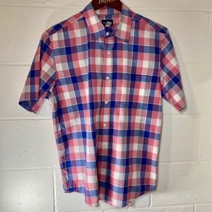 Place Men's Pink White and Blue Checked Short Sleeve Button Down Shirt